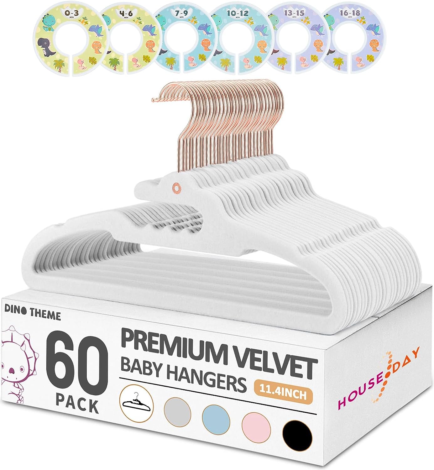 HOUSE DAY Dino 11.4 Inch Premium Baby Hangers Velvet 60 Pack White