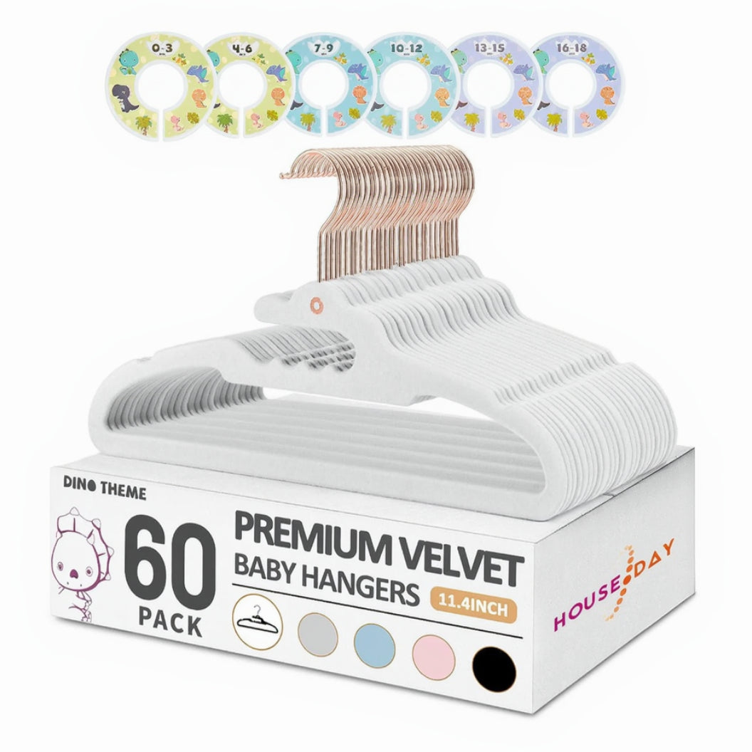 HOUSE DAY Dino 11.4 Inch Premium Baby Hangers Velvet 60 Pack White