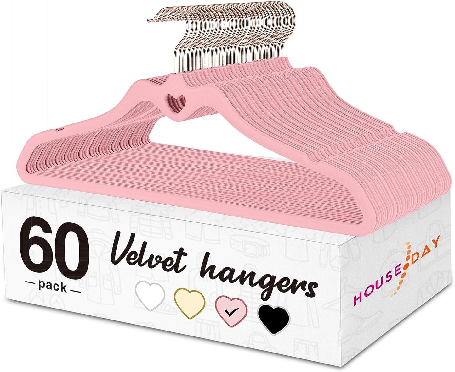 HOUSE DAY 16.5 Inch Velvet Hangers Pink 60 Pack