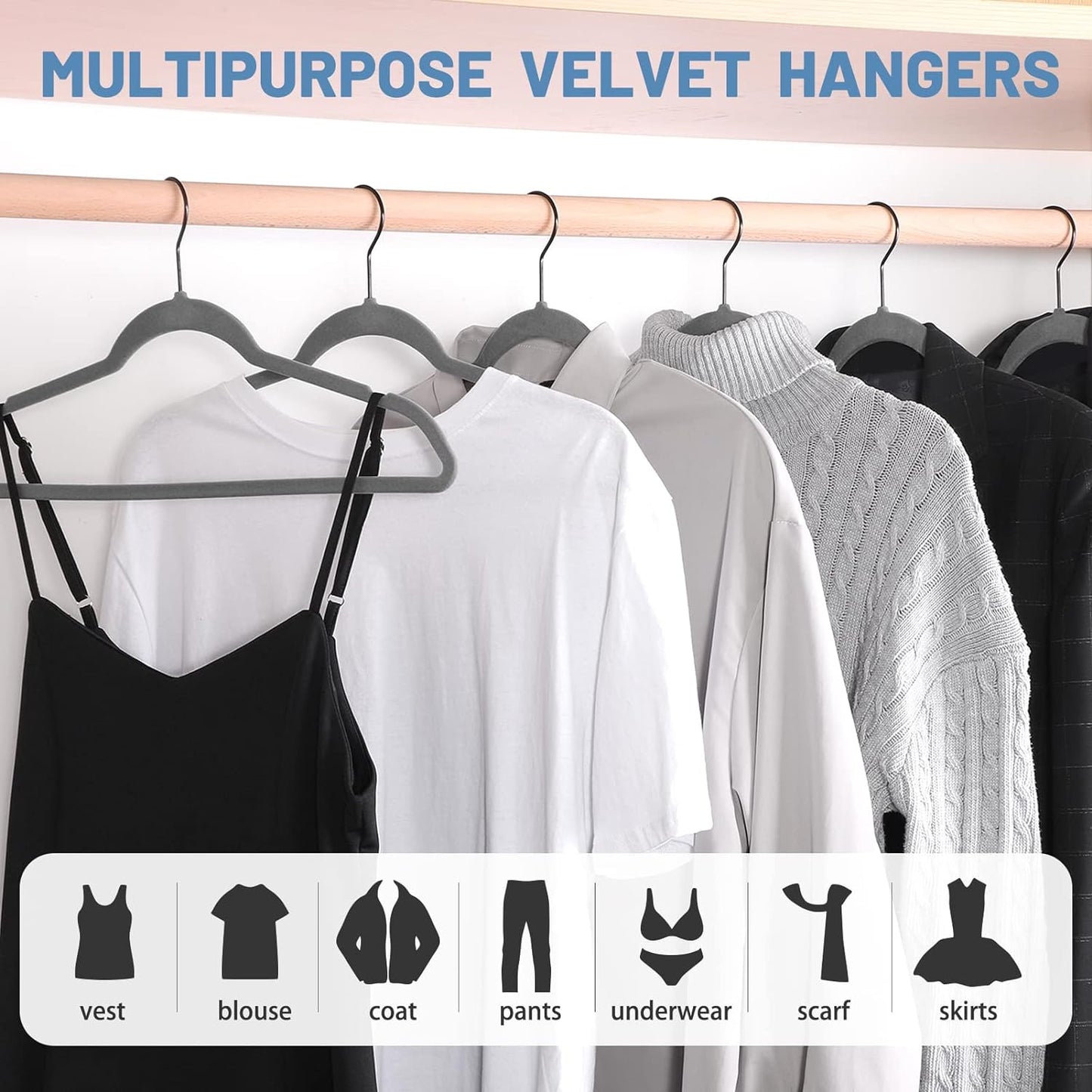 HOUSE DAY 17.5 Inch Black Hook Velvet Hangers Gray 60 Pack