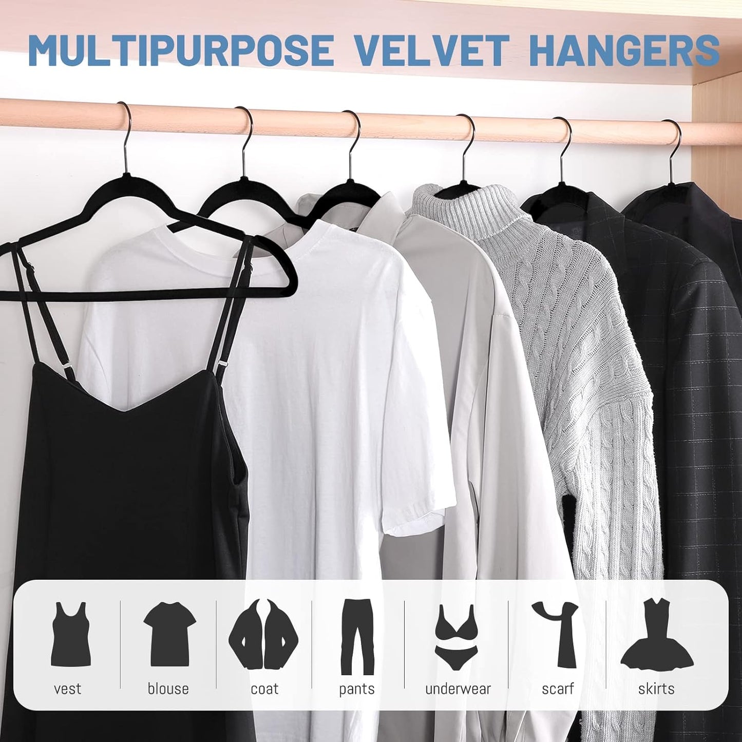 HOUSE DAY 17.5 Inch Black Hook Velvet Hangers Black 60 Pack