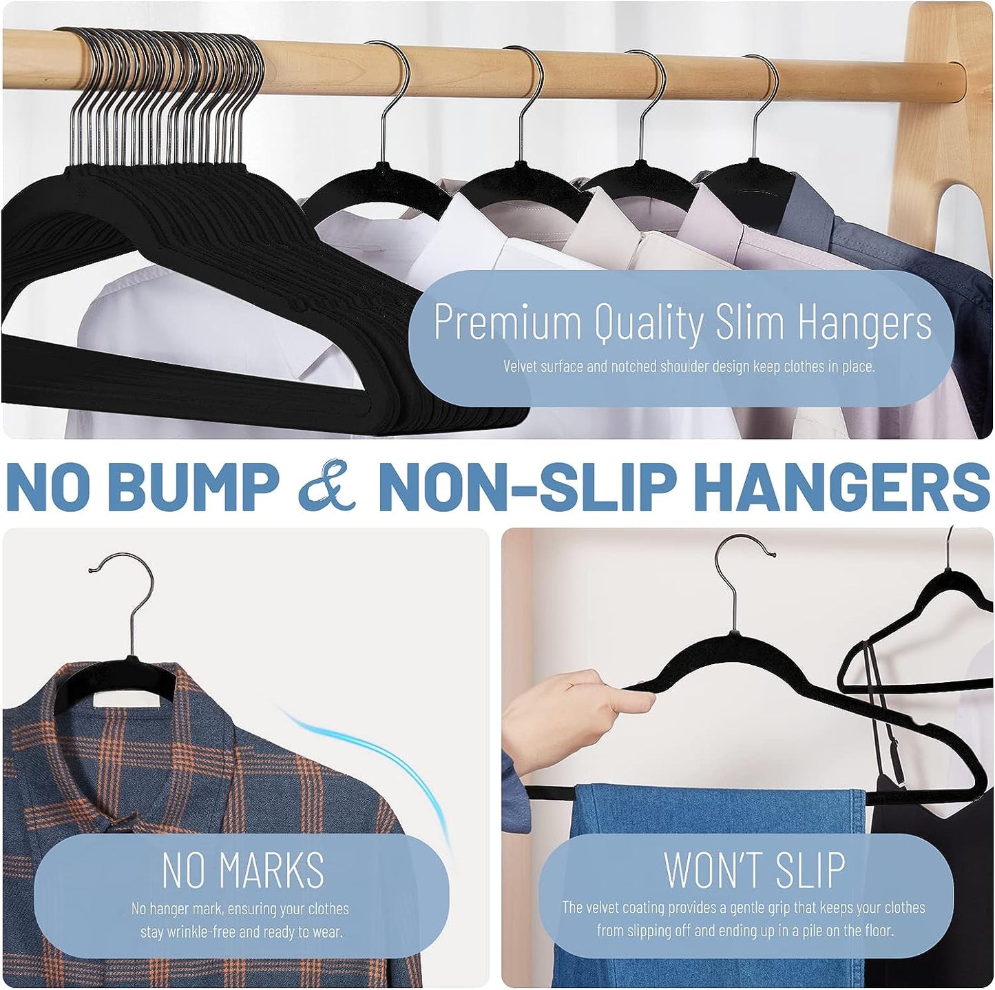 HOUSE DAY 17.5 Inch Black Hook Velvet Hangers Black 60 Pack