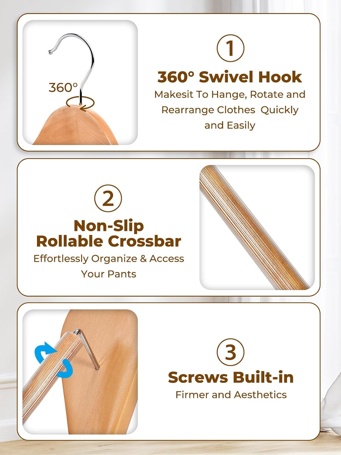 HOUSE DAY 17.7 Inch Wide Shoulder Wooden Hangers With Non Slip Natural 6 Pack