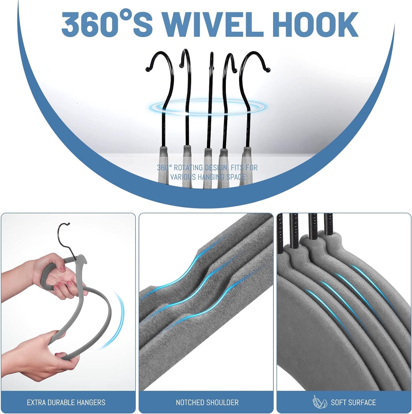 HOUSE DAY 17.5 Inch Black Hook Velvet Hangers Gray 60 Pack