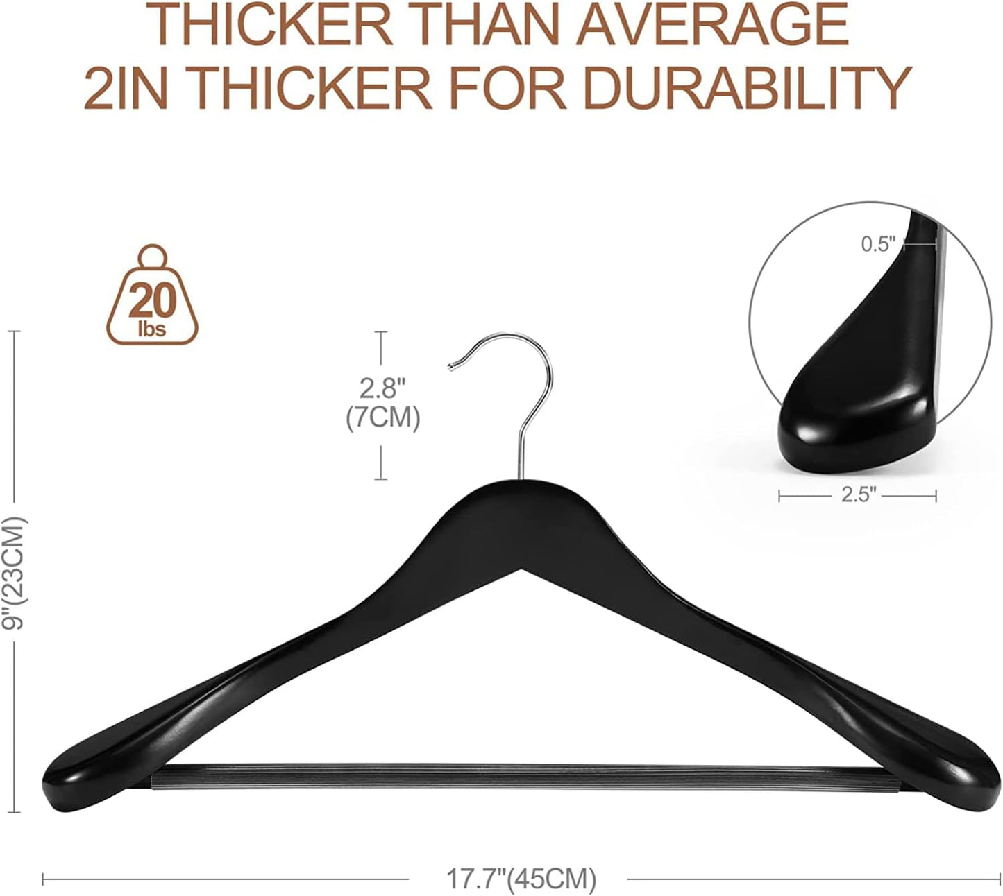 HOUSE DAY 17.7 Inch Solid Wood Coat Hangers Black 6 Pack