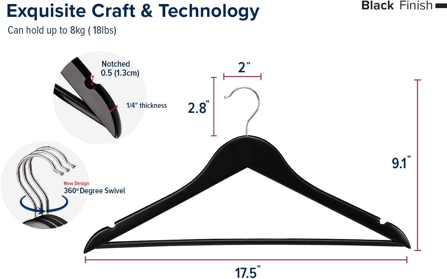 HOUSE DAY 17.7X9 Inch Solid Wood Coat Hangers Black 10 Pack