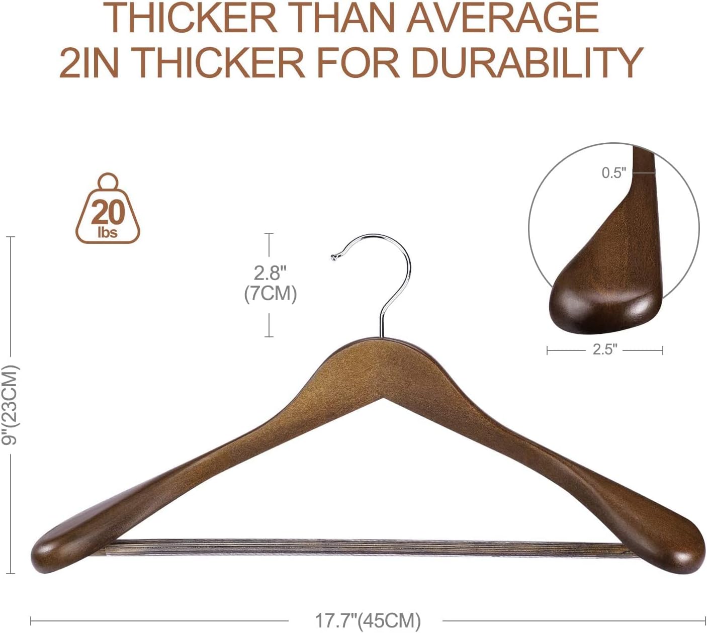 HOUSE DAY 17.7 Inch Solid Wood Coat Hangers Walnut 6 Pack
