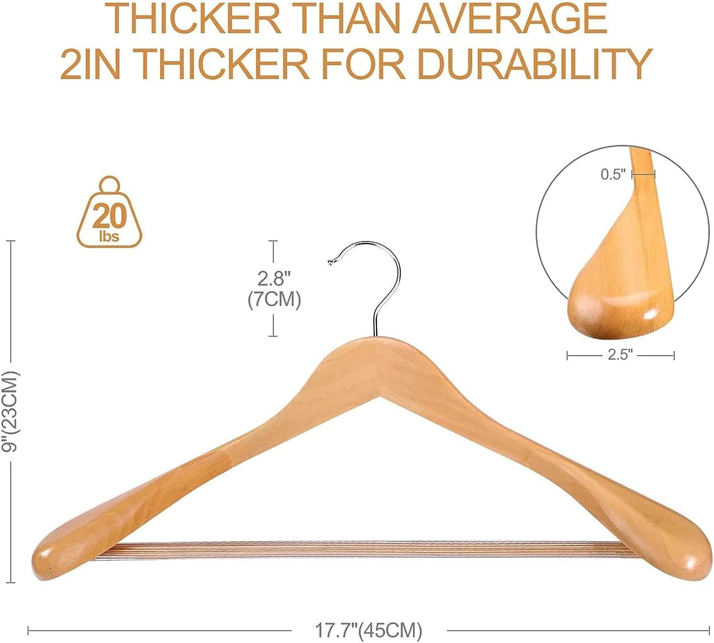 HOUSE DAY 17.7 Inch Solid Wood Coat Hangers Natural 6 Pack