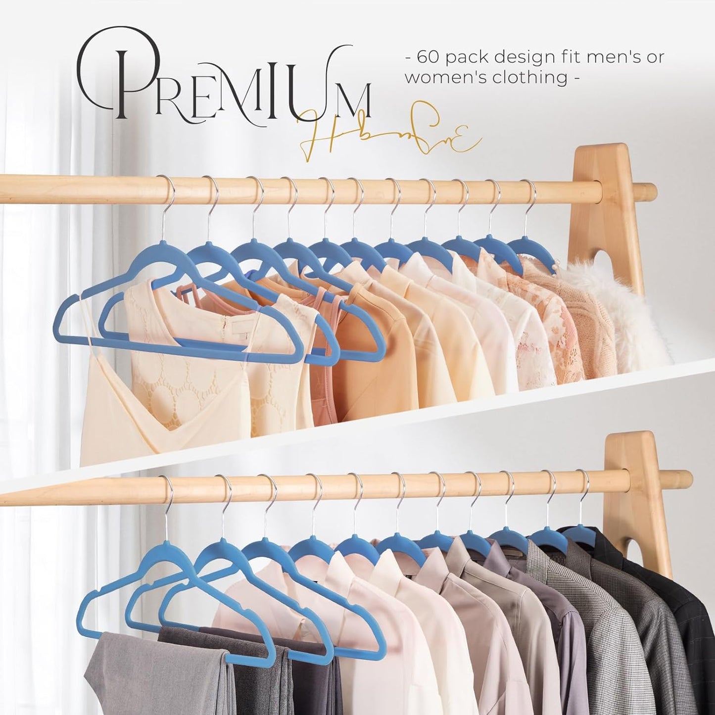 HOUSE DAY 17.5 Inch Silver Hook Velvet Hangers Blue 60 Pack