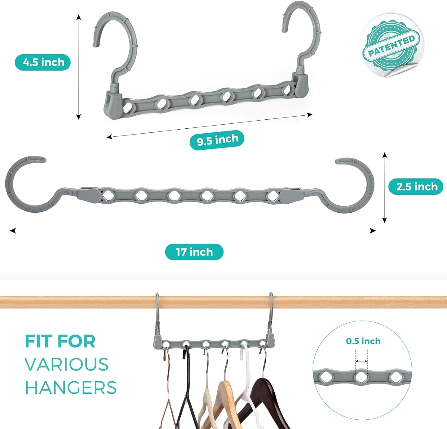 HOUSE DAY 9.5 Inch Space Saving Hangers for Clothes Gray 20 Pack