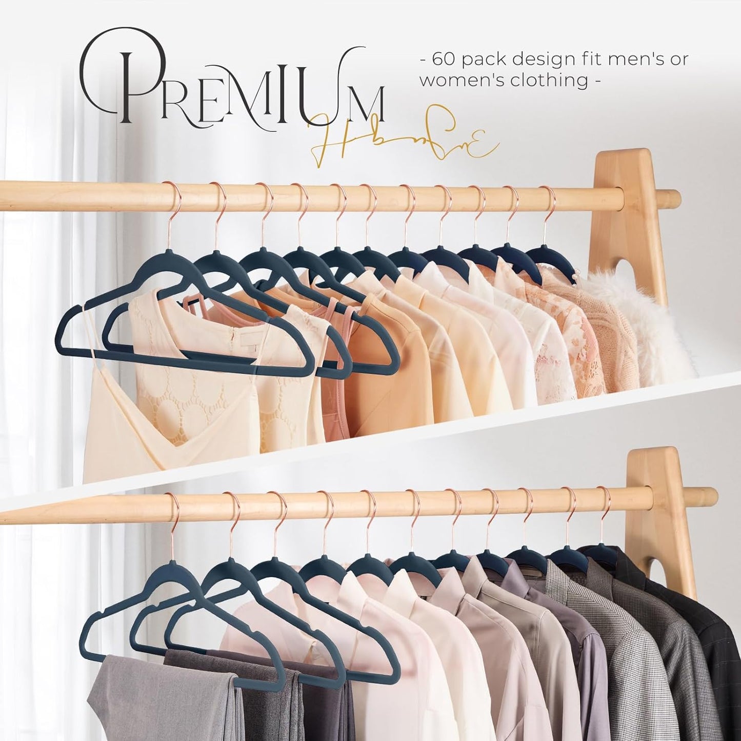 HOUSE DAY 17.5 Inch Gold Hook Velvet Hangers Navy Blue 60 Pack