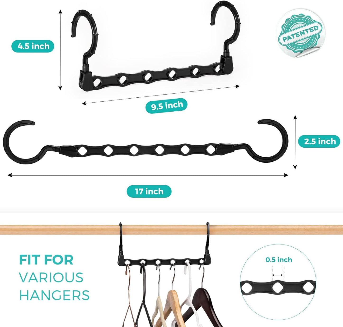 HOUSE DAY 9.5 Inch Space Saving Hangers for Clothes Black 20 Pack