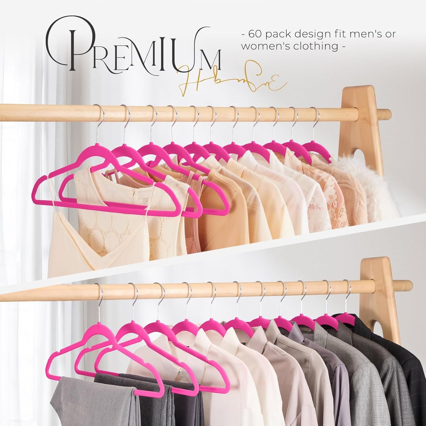 HOUSE DAY 17.5 Inch Silver Hook Velvet Hangers Hot Pink 60 Pack