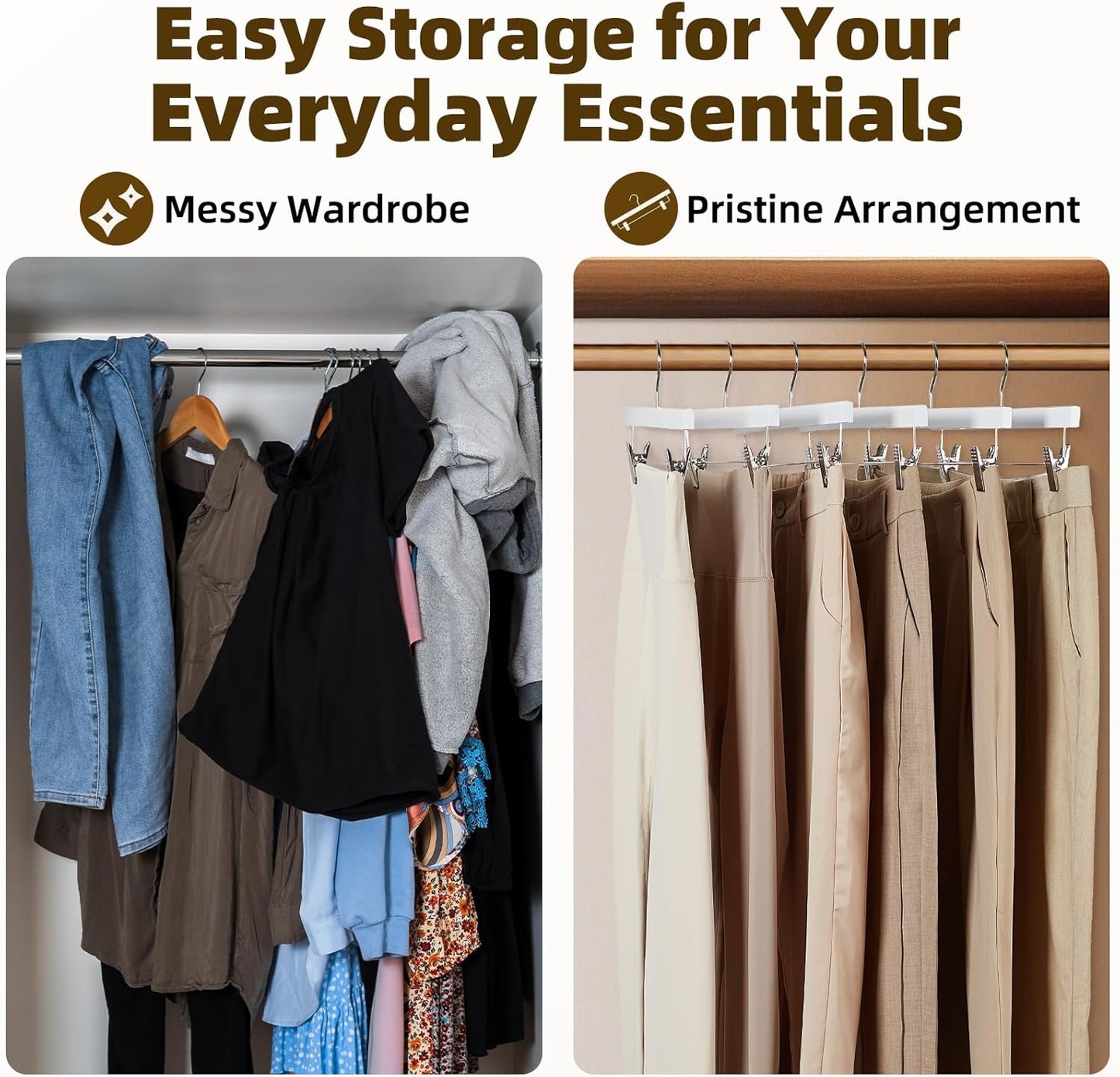HOUSE DAY Premium Solid Lotus Wood Hangers for Pants & Skirts with Adjustable Clips
