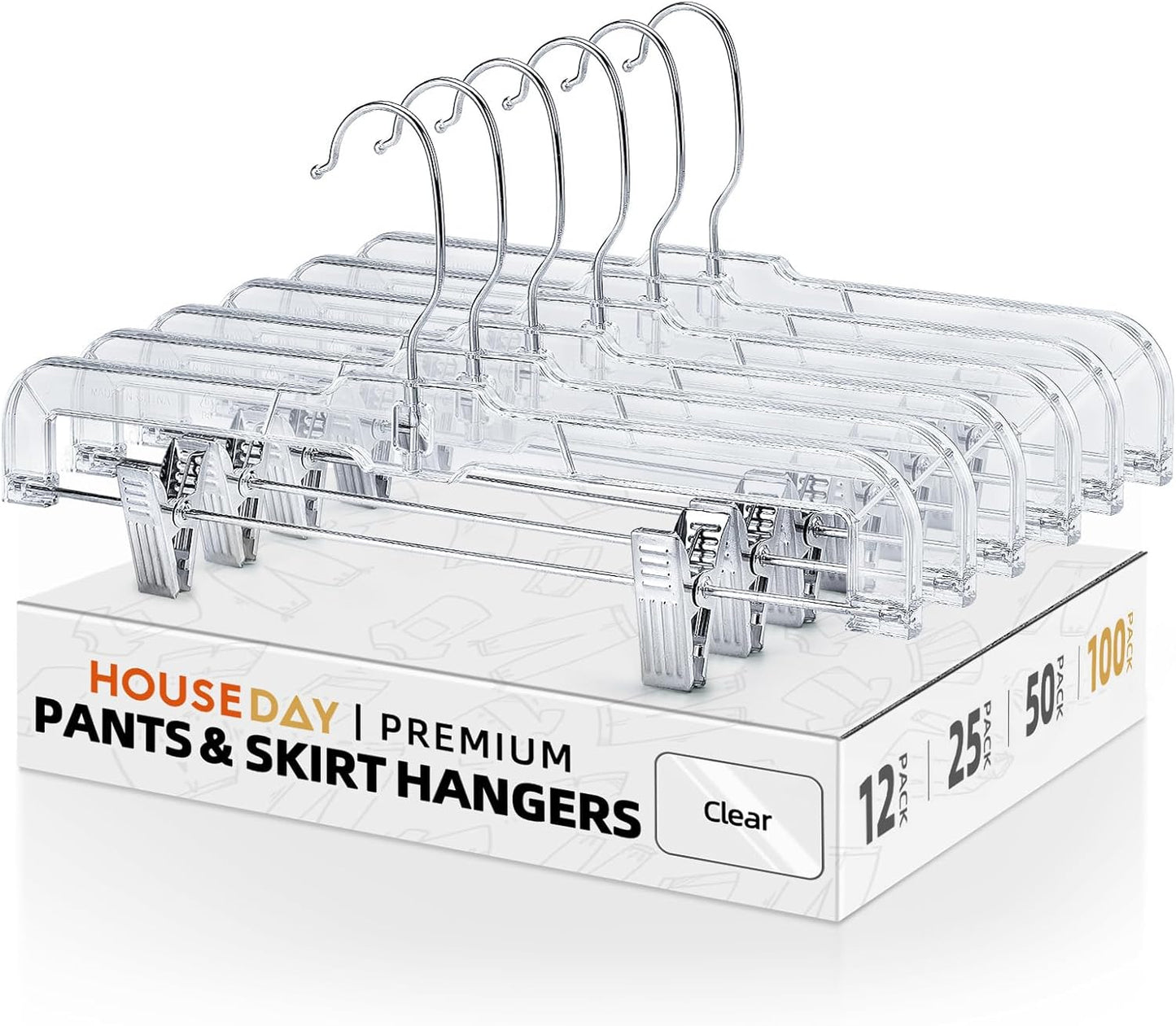 HOUSE DAY 14 inch Clear Plastic Skirt Hangers with Adjustable Clips
