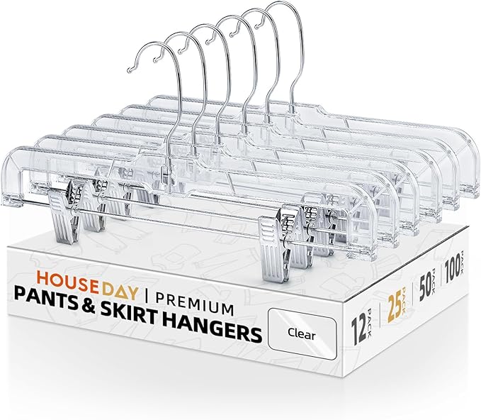 HOUSE DAY 14 inch Clear Plastic Skirt Hangers with Adjustable Clips