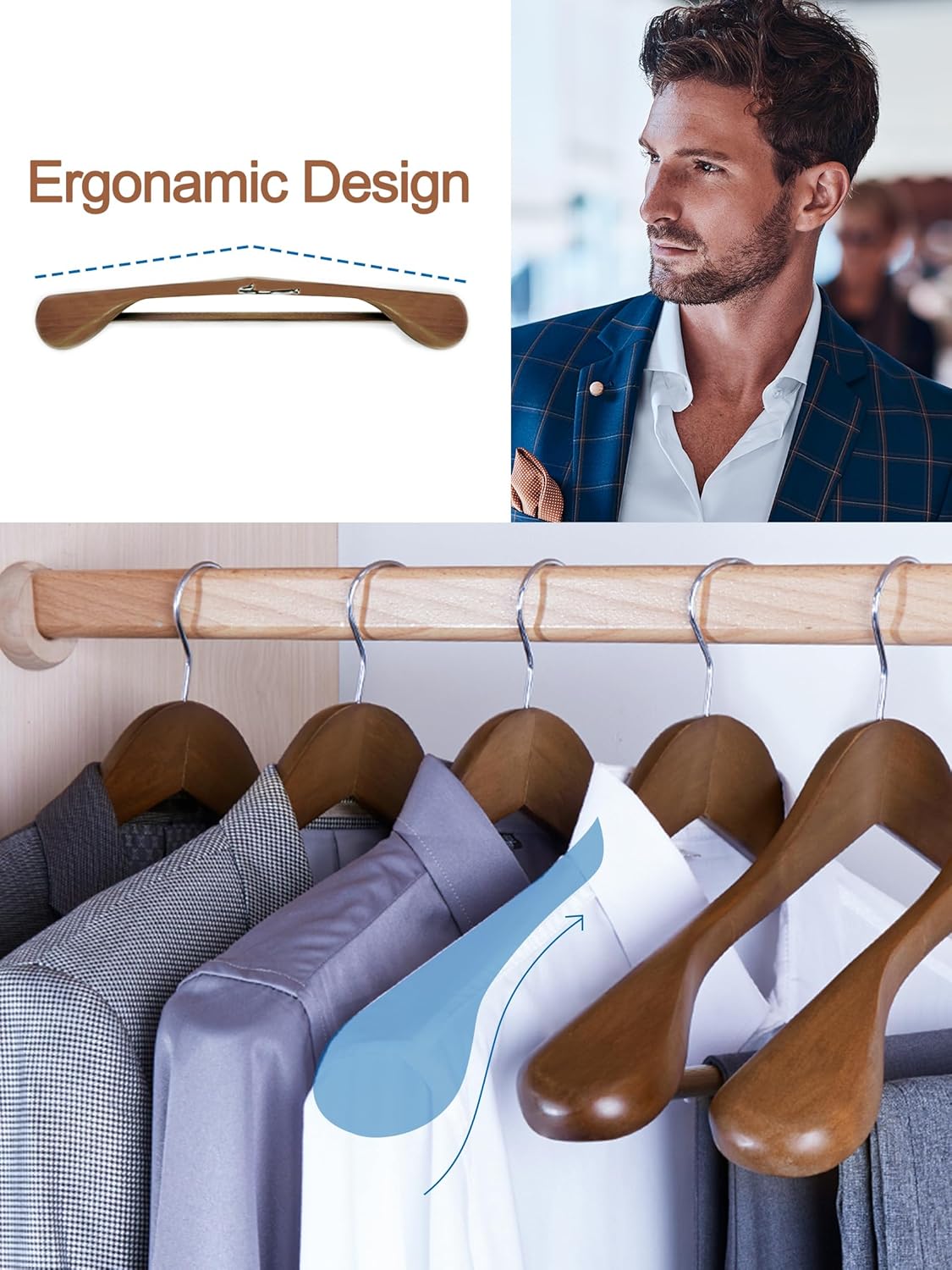 HOUSE DAY Walnut Wide Shoulder Wooden Hangers 6 Pack