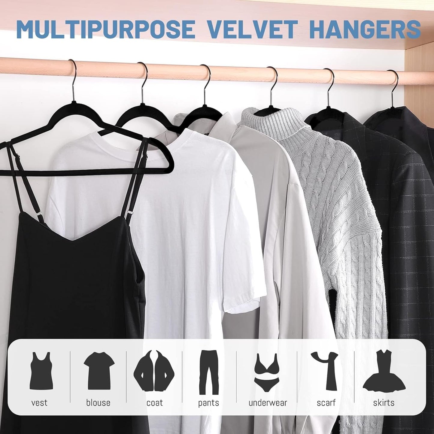 HOUSE DAY Black Velvet Hangers 60 Pack Black Hook