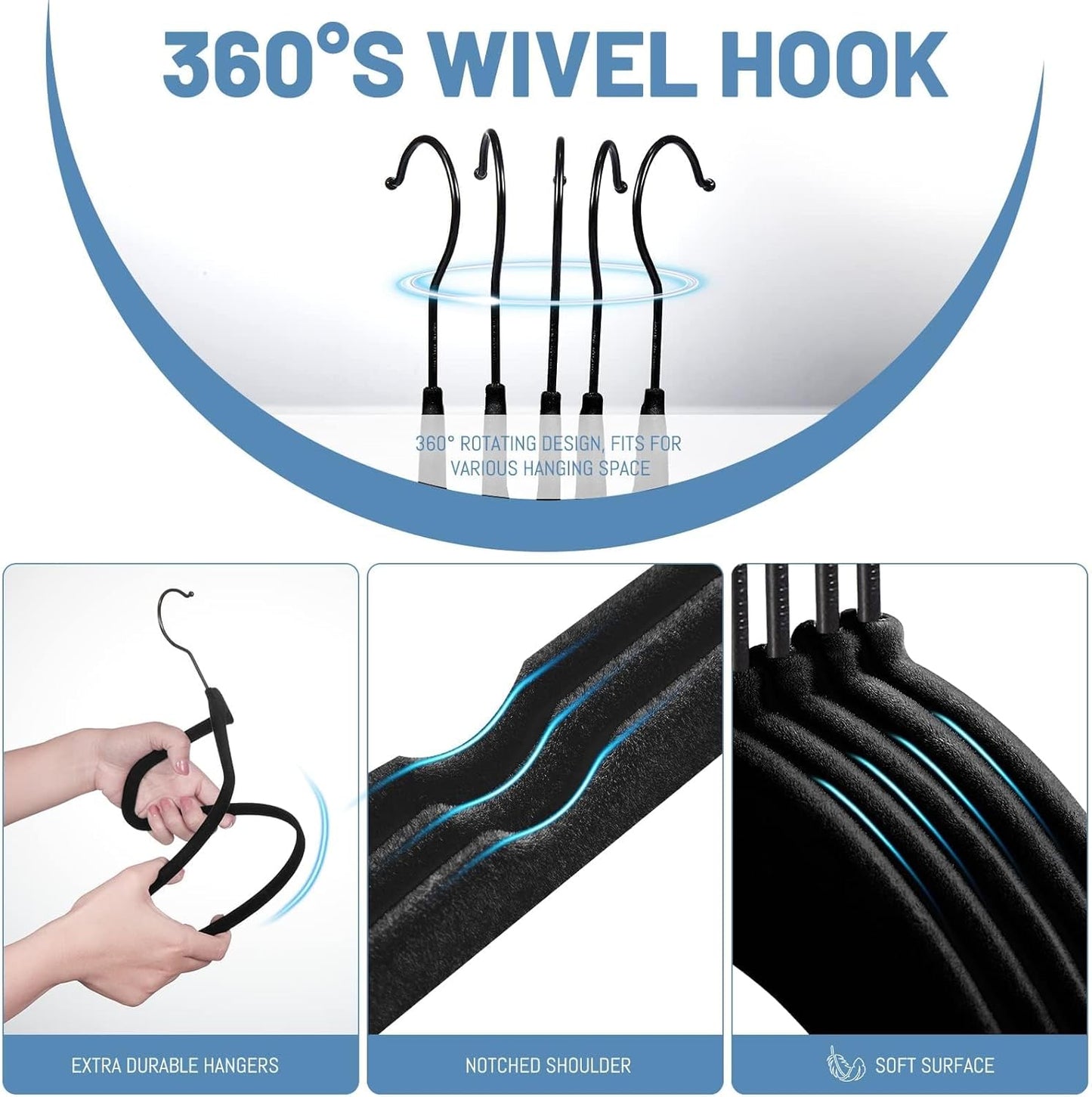 HOUSE DAY Black Velvet Hangers 60 Pack Black Hook