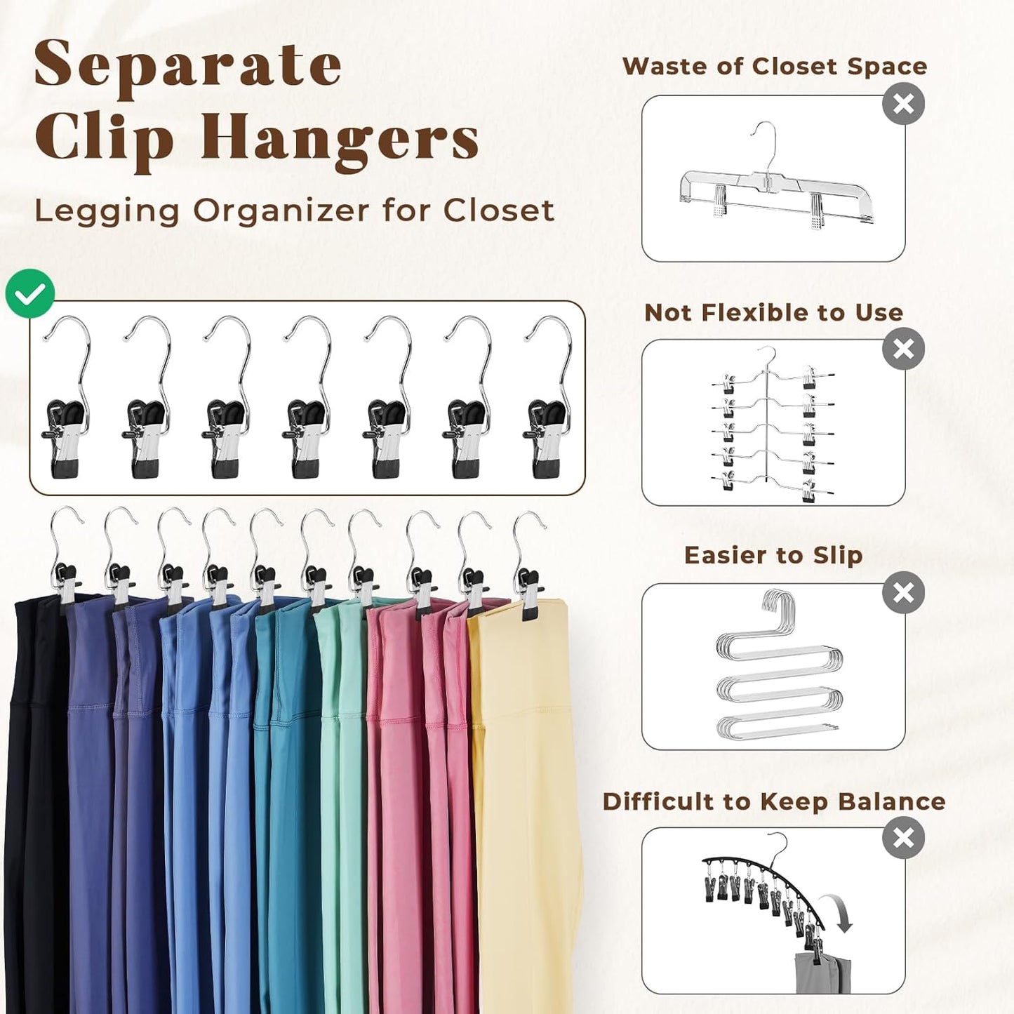 HOUSE DAY Legging Hanger Organizer with Rubber-Coated Clips for Yoga Pants, Workout Sets, Boots, Hats