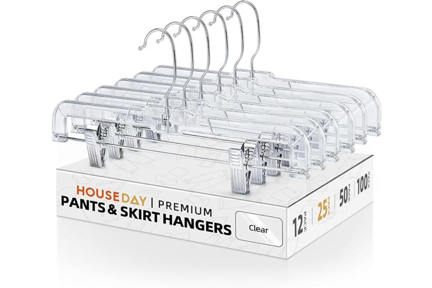 HOUSE DAY 14 inch Clear Plastic Skirt Hangers with Adjustable Clips
