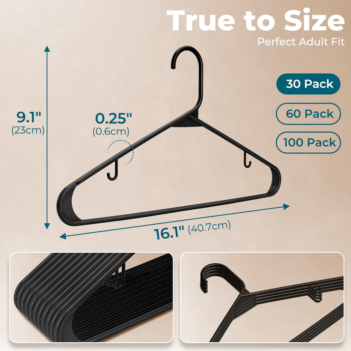 HOUSE DAY Black Plastic Hangers 30 Pack, Slim Space-Saving Clothes