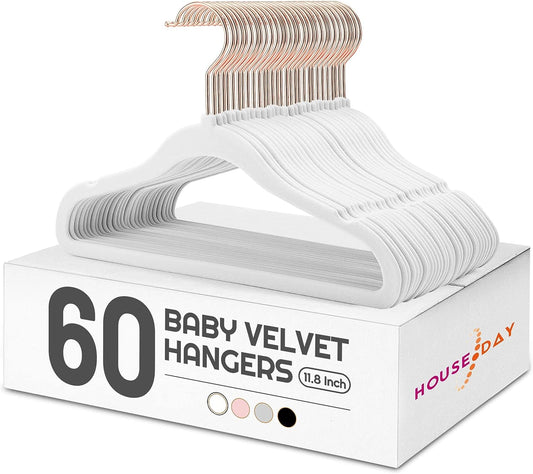 HOUSE DAY 11.8 Inch Velvet Baby Toddler Hangers 60 Pack White