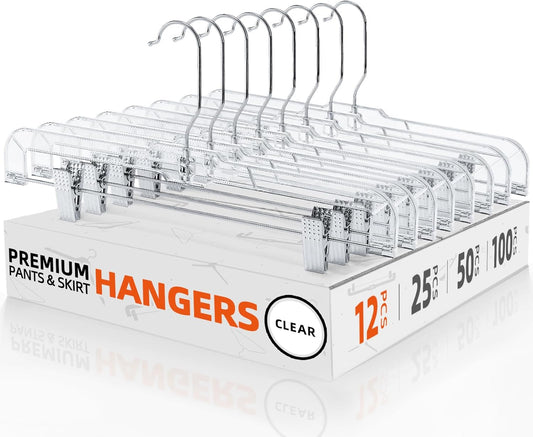 HOUSE DAY 14 inch Clear Plastic Skirt Hangers with Adjustable Clips