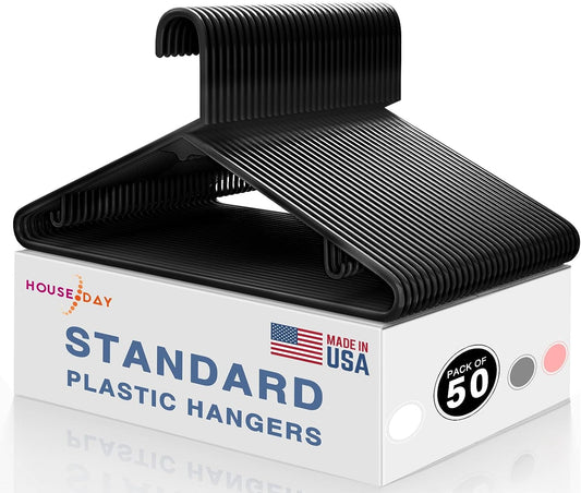 HOUSE DAY 16.7x8.5 Inch Plastic Hangers Black 50 Pack