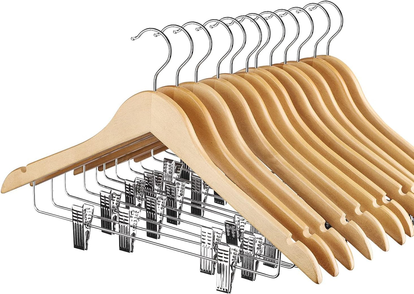 HOUSE DAY High-Grade Wooden Suit Hangers Skirt Hangers with Clips 12 Pack Natural