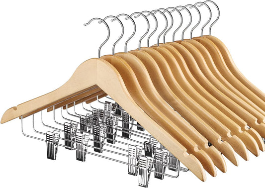 HOUSE DAY High-Grade Wooden Suit Hangers Skirt Hangers with Clips 12 Pack Natural