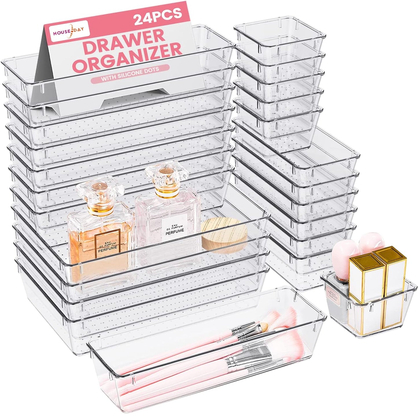 HOUSE DAY Makeup Drawer Organizer Trays, 4-Size Clear Drawer Organizers
