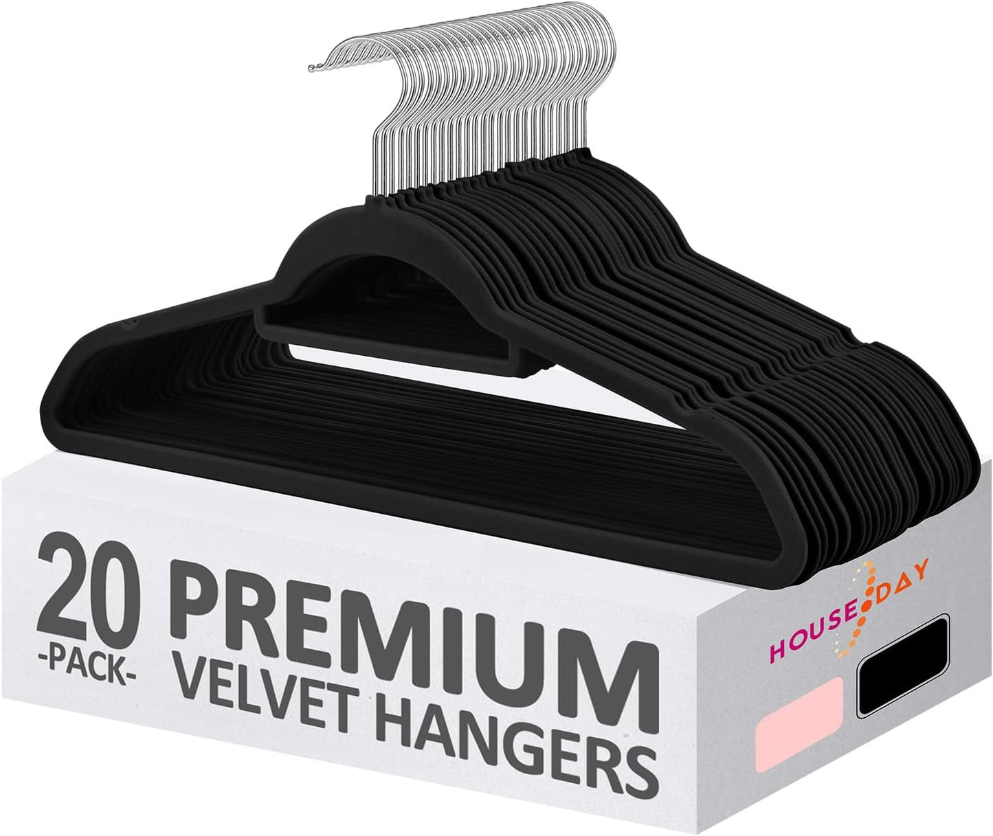 HOUSE DAY 17.5 Inch Velvet Hangers with Tie Bar Black 20 Pack