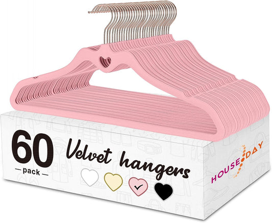 HOUSE DAY 16.5 Inch Velvet Hangers Pink 60 Pack