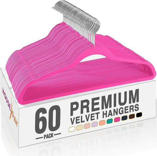 HOUSE DAY 17.5 Inch Silver Hook Velvet Hangers Hot Pink 60 Pack