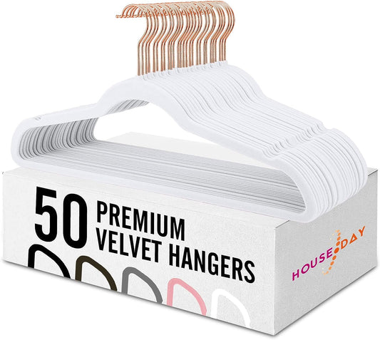 HOUSE DAY 17.5 Inch Gold Hook Velvet Hangers Snow White 60 Pack