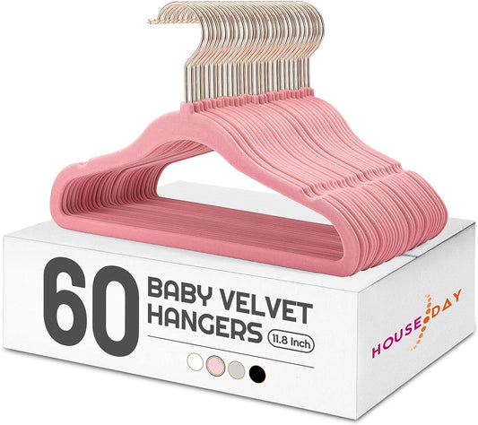 HOUSE DAY 11.8 inch Velvet Baby Hangers Pink 60 Pack