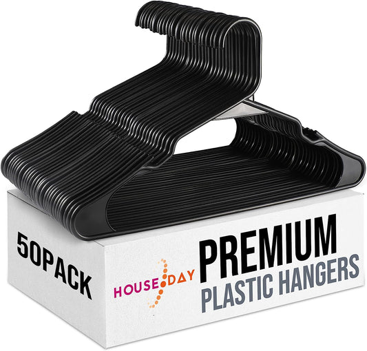 HOUSE DAY 16.5x9.3 Inch Plastic Hangers Black 50 Pack