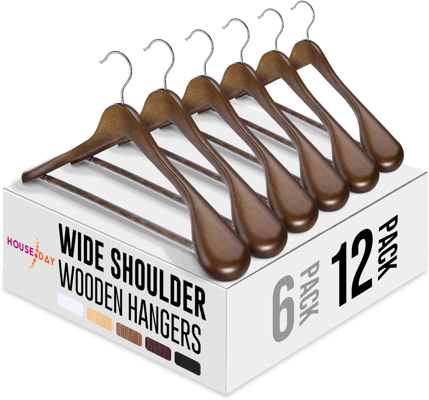 HOUSE DAY Walnut Wide Shoulder Wooden Hangers 12 Pack