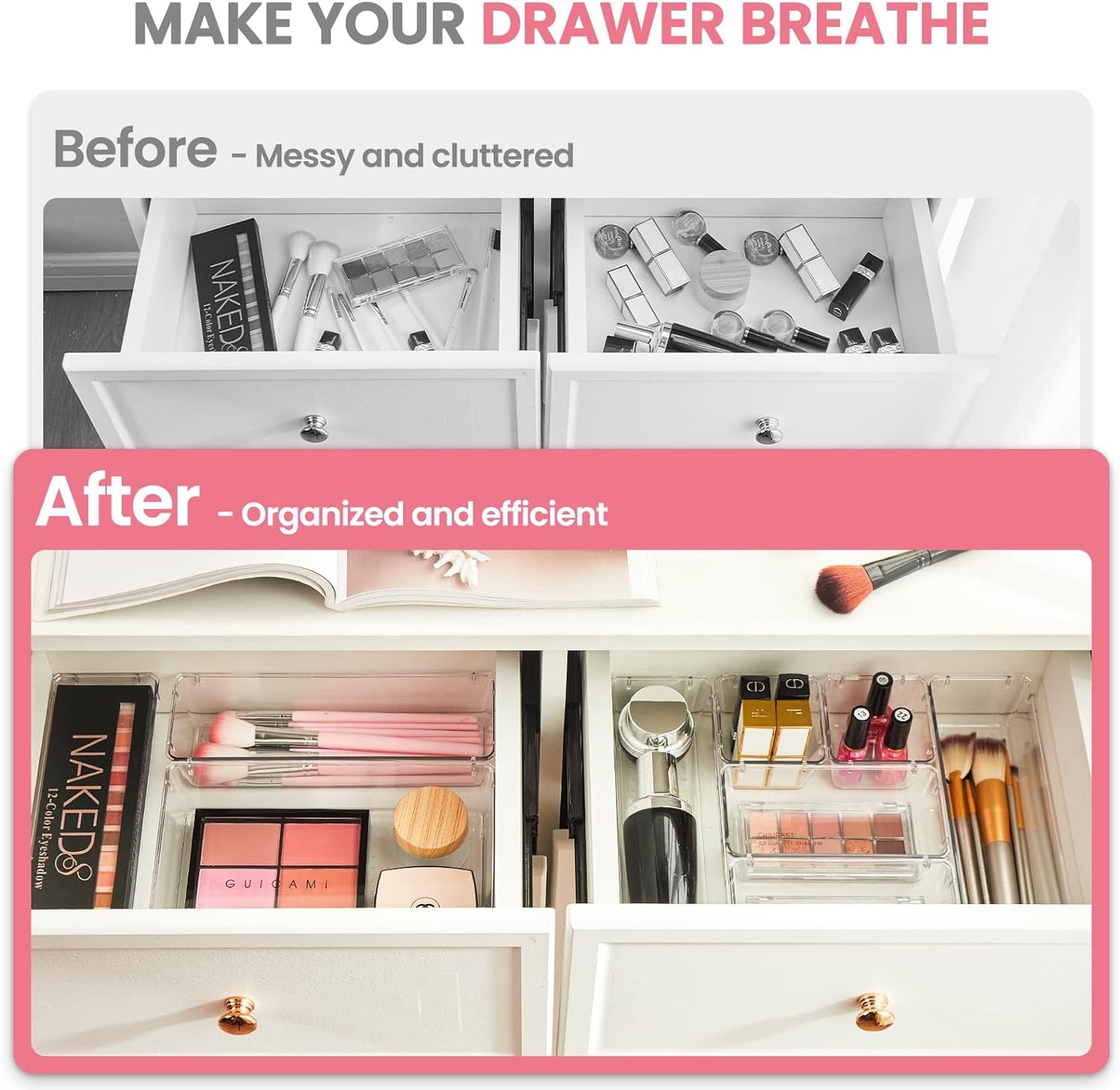HOUSE DAY Makeup Drawer Organizer Trays, 4-Size Clear Drawer Organizers