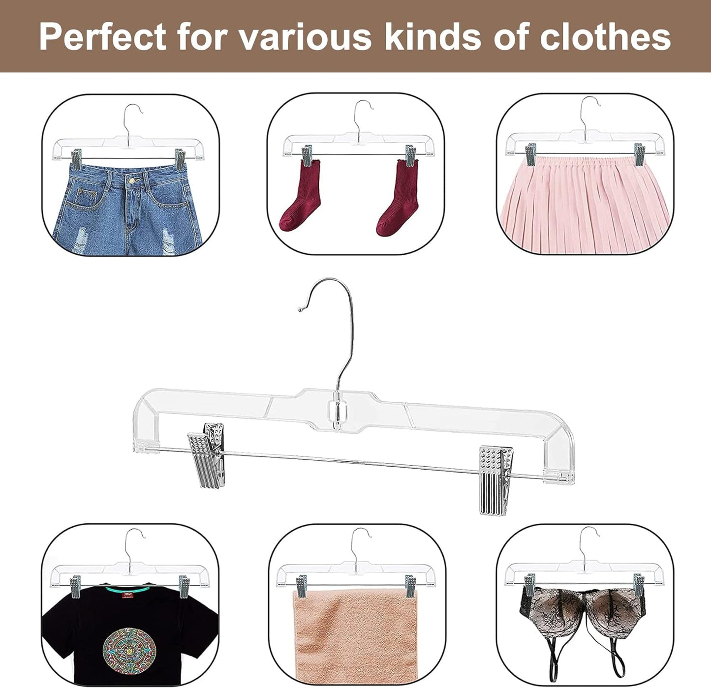 HOUSE DAY 14 inch Clear Plastic Skirt Hangers with Adjustable Clips