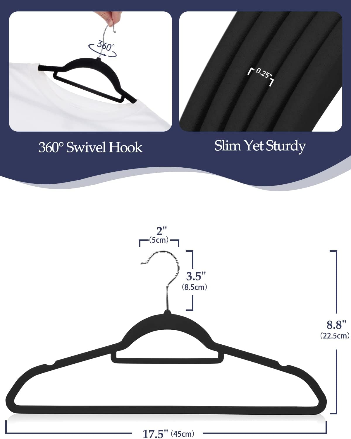 HOUSE DAY 17.5 Inch Velvet Hangers with Tie Bar Black 20 Pack