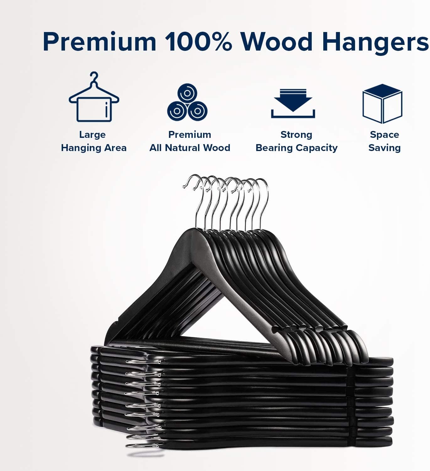HOUSE DAY 17.7X9 Inch Solid Wood Coat Hangers Black 10 Pack