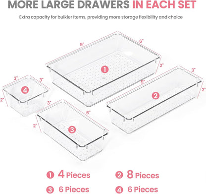 HOUSE DAY Makeup Drawer Organizer Trays, 4-Size Clear Drawer Organizers
