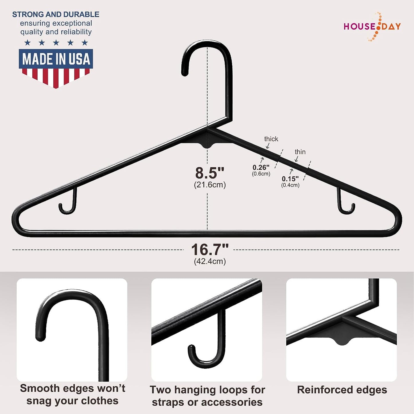 HOUSE DAY 16.7x8.5 Inch Plastic Hangers Black 50 Pack