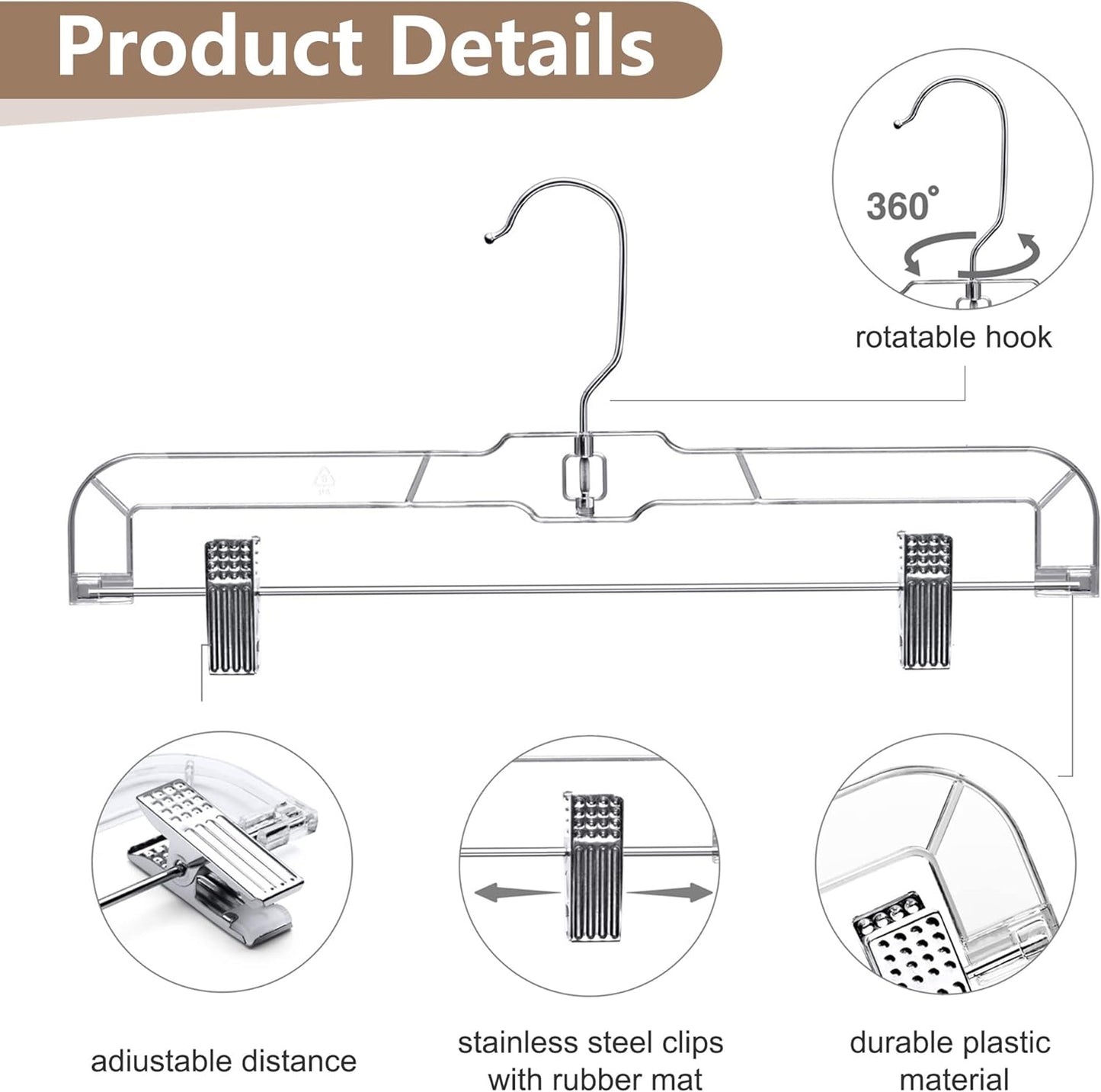 HOUSE DAY 14 inch Clear Plastic Skirt Hangers with Adjustable Clips