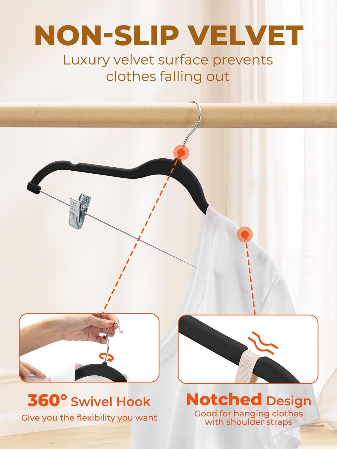 HOUSE DAY Velvet Skirt Hangers 24 Pack, Black Velvet Hangers with Adjustable Clips