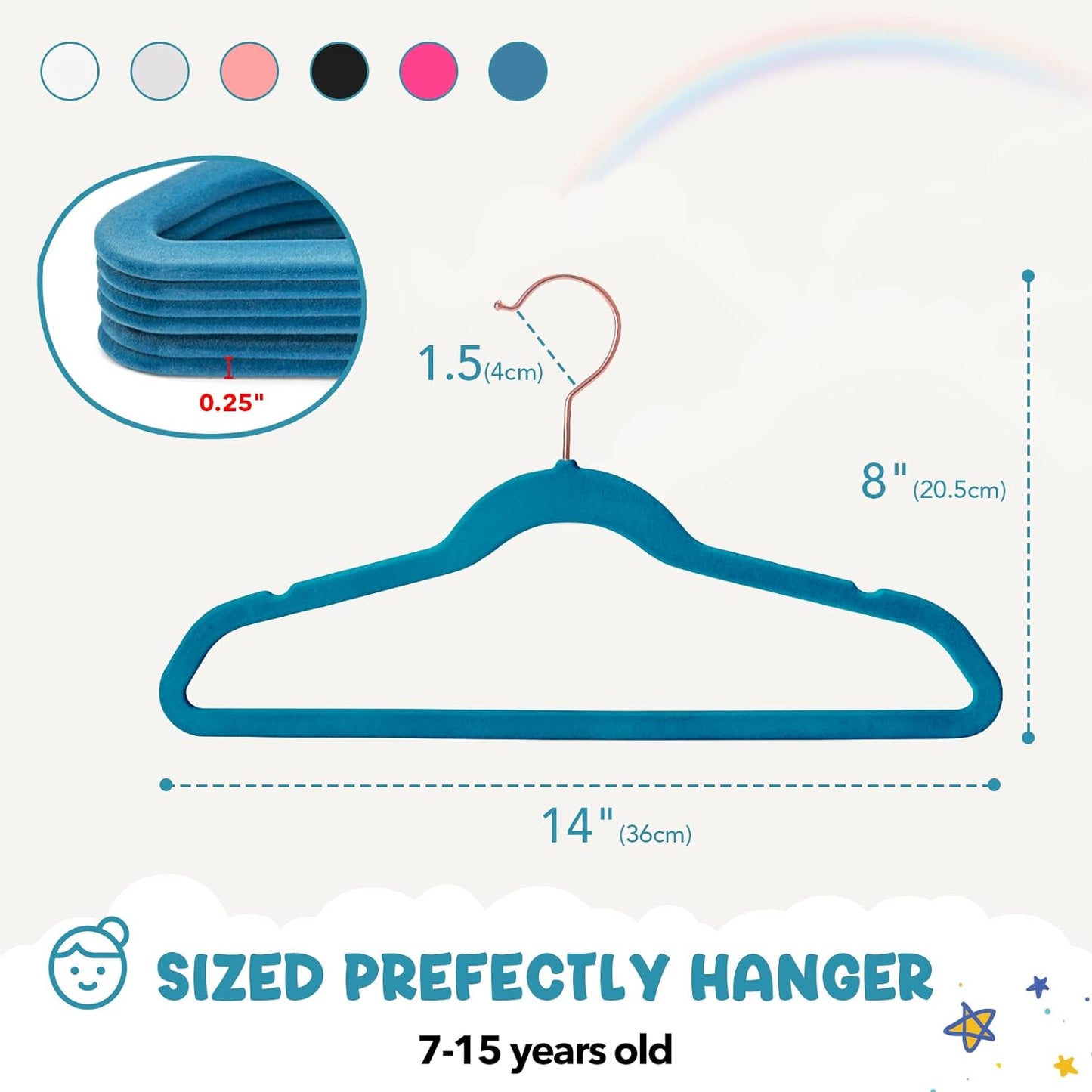 House Day 14 Inch Velvet Kids Hangers Light Blue 60 Pack