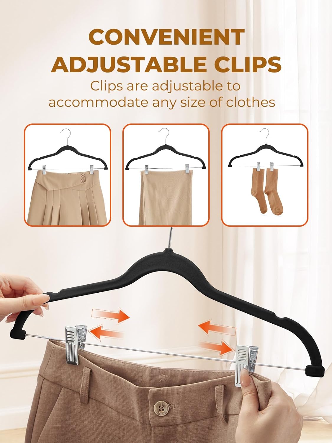 HOUSE DAY Velvet Skirt Hangers 24 Pack, Black Velvet Hangers with Adjustable Clips