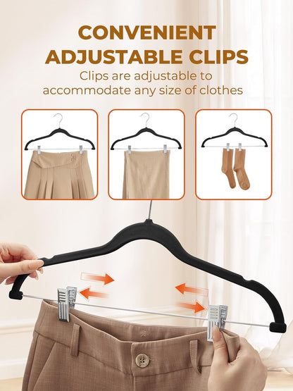 HOUSE DAY Velvet Skirt Hangers 24 Pack, Black Velvet Hangers with Adjustable Clips